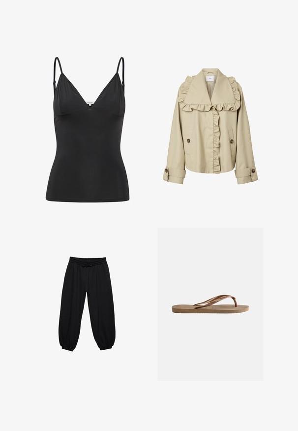 Beige cropped jack met grote gerimpelde kraag, ruches langs de knopenlijst, met knopen gesloten manchetten en twee voorzakken met bruine knopen.; Zwarte, getailleerde camisole met verstelbare dunne spaghettibandjes, V-hals, naadloos ontwerp en een zachte textuur. Gemaakt van een zachte, rekbare stof.; Zwarte sweatpants met een gekreukt elastische tailleband, verstelbare trekkoorden, geplooide manchetten en twee voorzakken. Zacht, gestructureerd materiaal.; Bruine rubberen teenslipper met gestructureerde zool en merkgebonden V-vormige bandjes op een effen lichte achtergrond.