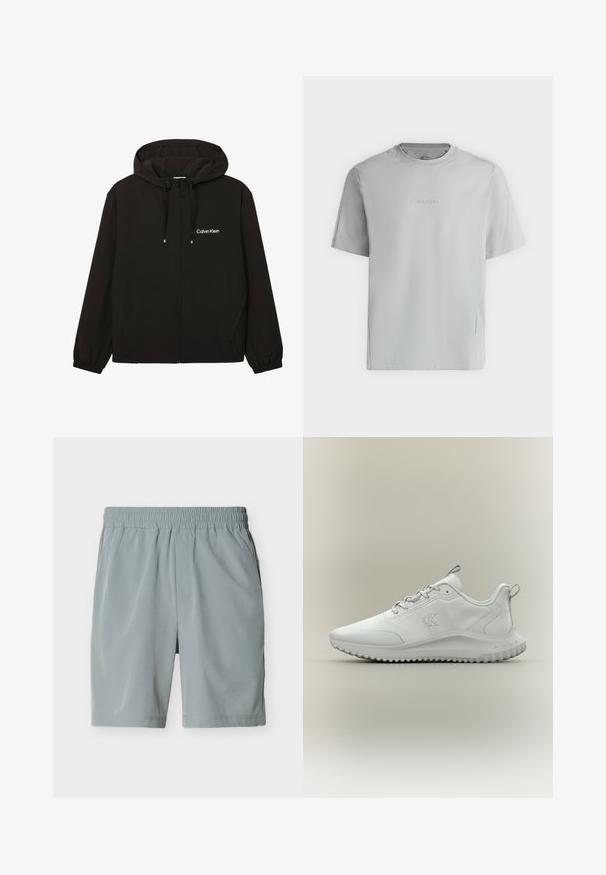 Veste noire zippée à capuche avec poches avant, poignets élastiques, cordons et logo Calvin Klein blanc sur la poitrine gauche.; T-shirt gris clair à manches courtes avec col rond et logo « Calvin Klein » embossé centré sur la poitrine.; Shorts décontractés pour homme de couleur gris clair avec ceinture élastique et poches latérales, présentés à plat sur fond blanc.; Baskets blanches basses avec semelle texturée, lacets à l’avant et logo « cK » sur le côté, présentées de profil sur un fond neutre.
