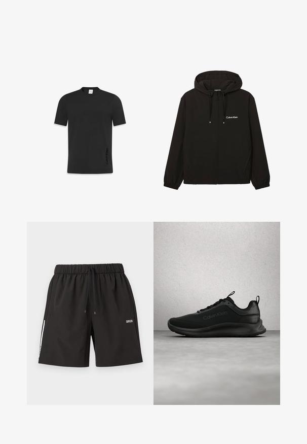 Zwarte capuchonjas met rits, voorzakken, elastische manchetten, trekkoorden en wit Calvin Klein-logo op de linkerborst.; Zwart kortge sleeve t-shirt van gladde katoen, met een klassieke ronde hals en een klein logo gedrukt aan de onderzijde.; Zwarte shorts met elastische tailleband, trekkoord, zijzakken en wit Calvin Klein-logo op de rechterdij en een witte streep aan de linkervoet.; Zwarte Calvin Klein sneaker met veters zwevend boven een grijze gepolijste vloer, met glasblokramen op de achtergrond.
