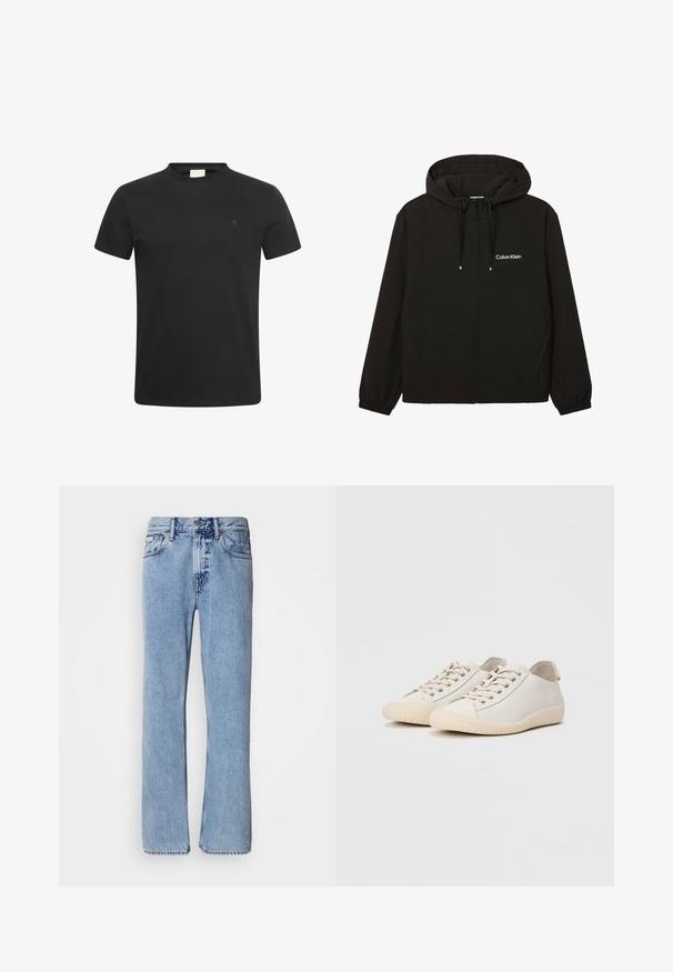 Veste noire zippée à capuche avec poches avant, poignets élastiques, cordons et logo Calvin Klein blanc sur la poitrine gauche.; T-shirt noir à manches courtes avec col rond et petit logo "cK" subtil sur la poitrine gauche.; Jean en denim bleu clair avec une coupe droite, cinq poches et une fermeture à bouton. Détails de couture près des poches et de la taille.; Baskets blanches en cuir lisse avec des coutures ton sur ton, fermeture à lacets, bout arrondi et semelle en caoutchouc texturée.
