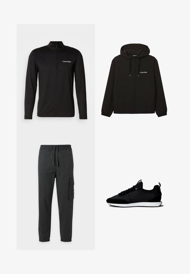 Chaqueta negra con capucha y cremallera, bolsillos delanteros, puños elásticos, cordones y logo blanco de Calvin Klein en el pecho izquierdo.; Suéter negro de manga larga con un cuello alto, cierre de media cremallera y tejido texturizado. Presenta un pequeño logo blanco en el lado izquierdo del pecho.; Pantalones jogger negros con cintura elástica, cordón, puños elásticos y un bolsillo cargo lateral con solapa en la pierna derecha.; Zapatilla baja negra con suela blanca, diseño con cordones y tiradores en la lengüeta y el talón, mostrada de perfil sobre fondo blanco.