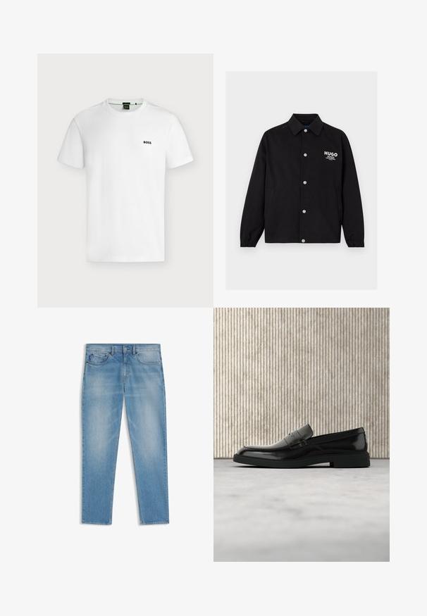 Zwarte jas met knopen, kraag, elastische manchetten, zijzakken en wit "HUGO"-logo op de linkerborst.; Effen wit T-shirt met korte mouwen en een klein zwart "BOSS"-logo op de linkerborst, getoond tegen een lichte achtergrond.; Lichtblauwe spijkerbroek met een klassieke vijfzakkenstijl, knoop- en ritssluiting, en subtiele vervaagde details op de dijen en knieën.; Zwarte gepolijste leren loafer die boven een beige tapijt zweeft met oranje doorschijnend meubilair op de achtergrond.