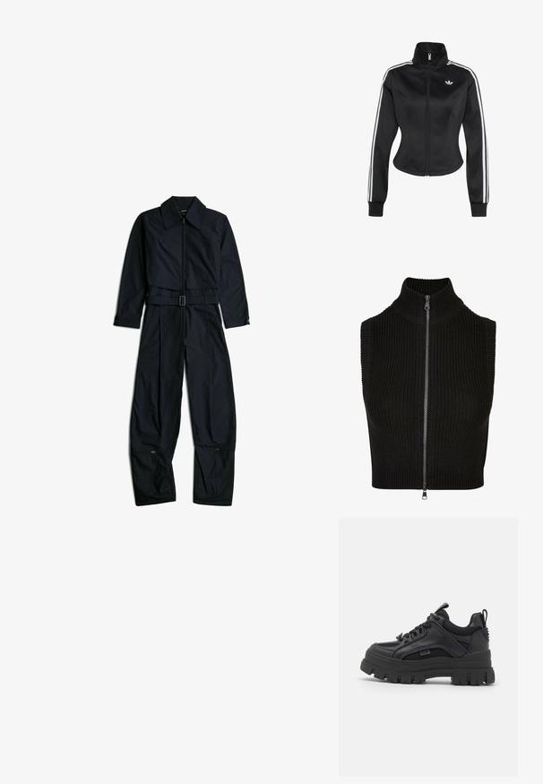 Zwarte aangesloten sportjas met volledige ritssluiting aan de voorkant, hoge kraag, witte drie-strepen details op de mouwen en wit Adidas trefoil logo op de borst.; Zwarte jumpsuit met lange mouwen en kraag, ritssluiting aan de voorkant, verstelbare riem in de taille en ritsen nabij de onderkant van brede pijpen op een witte achtergrond.; Zwarte mouwloze top met hoge kraag, geribbelde textuur en volledige rits aan de voorkant. Eenvoudig ontwerp zonder extra patronen of accenten.; Zwarte sneakers met een chunky zool, bestaande uit een mix van leer en mesh, met een ronde neus en textuuraccenten. Geknoopd ontwerp en een lus aan de achterkant.