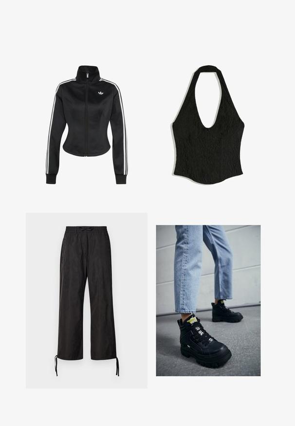 Sort tætsiddende træningsjakke med fuld lynlås foran, høj krave, hvide tre-stribede detaljer på ærmerne og hvid Adidas trefoil-logo på brystet.; Sort blonder top med halterneck, lav udskæring foran og tilpasset talje, vist fladt på hvid baggrund.; Sorte, løstsiddende bukser med elastisk talje og justerbare snøringer ved anklerne. Glat stof med en subtil glans.; Sorte højtop sneakers med en chunky sål, med snørebåndsdesign, logo accenter og gule tags. Worn med lyseblå cropped jeans.