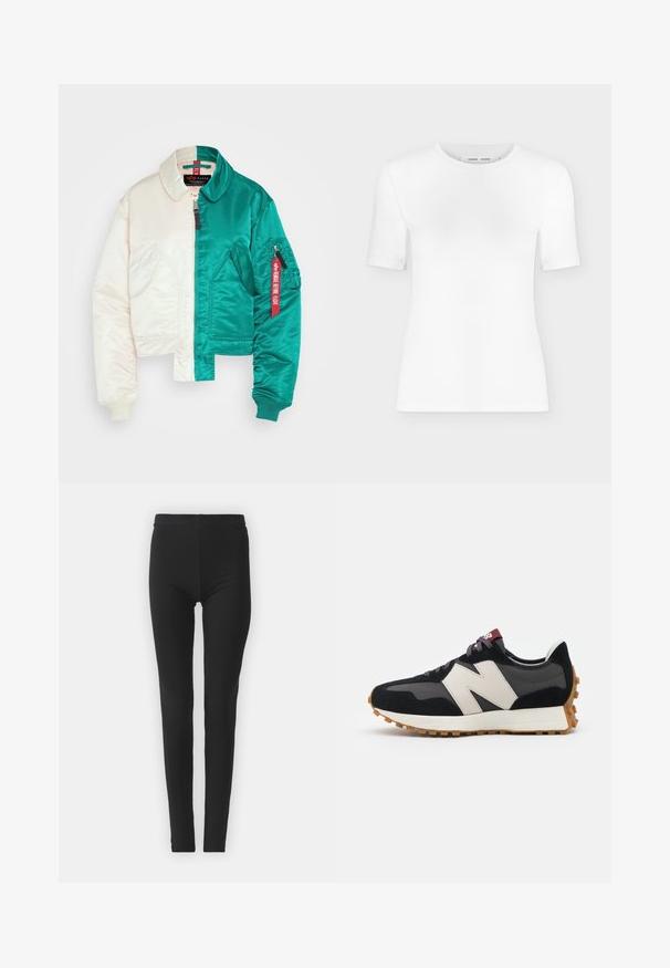 Alpha Industries Bomber-jakk - jet stream white; Valge lühikeste varrukatega ümar kaelusega T-särk, kitsas lõike ja soonilise kangatekstuuriga, esitletud tavalise helehall tausta peal.; Mustad, venivad retuusid, mis on tihedalt sobivad, kõrge vöökohaga ja sileda tekstuuriga. Ilma nähtavate mustrite või riistade detailideta.; Mustmust ja halli nubukist tennisajal on suur kreemjas "N" logo, lilla paelad ja tekstureeritud kummist välispohja.