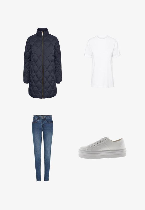 Abrigo acolchado de puffer en color navy con un alto cuello, cierre de cremallera completo y patrón de diamantes. Presenta una cremallera dorada y una textura suave e insulated.; Camiseta blanca de algodón con mangas cortas, cuello redondo y un corte holgado, con una textura suave y sin patrones visibles.; Jeans ajustados de denim azul oscuro, con una cintura de altura media, cinco bolsillos y costuras en contraste. Textura suave con un ligero estiramiento.; Zapatilla blanca de lona baja con suela gruesa, cordones en la parte delantera y detalles de costura en el lateral.
