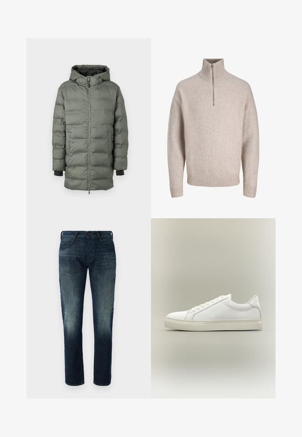 Puffjakke i olivengrøn, med lynlås, hætte og elastiske manchetter. Fremstillet af quiltet, vandafvisende stof med sidelommer.; Beige kvart-zip pullover sweater i blødt strikket stof. Har ribbet krave og manchetter, med en afslappet pasform og sømløst design.; Mørkeblå lige ben denim jeans med let fading på lårene og knæene, frontknap og lynlås lukning, samt fem-lomme stil.; Hvid lavtop sneaker med snørebånd foran og tyk sål, vist fra siden mod en neutral baggrund.