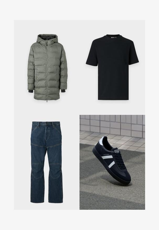 Puffjakke i olivengrøn, med lynlås, hætte og elastiske manchetter. Fremstillet af quiltet, vandafvisende stof med sidelommer.; Sort kortærmet ribstrikket T-shirt med rund hals og et lille synligt mærke indeni kraven.; Mørkeblå denim jeans med forstærkede knæpaneler, frontknap og lynlås lukning samt forlommer på en ensfarvet baggrund.; Sort lædersneaker med hvide striber, tekstureret gummisål og snørrebånd foran. Har et brandet mærke på tungen.