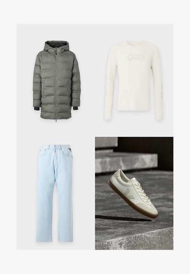 Puffjakke i olivengrøn, med lynlås, hætte og elastiske manchetter. Fremstillet af quiltet, vandafvisende stof med sidelommer.; Langærmet cremefarvet ribstrikket T-shirt med "DODGE DEMON" broderet på forsiden og grafik trykt på højre ærme. Blød tekstur.; Lyseblå denimjeans med lige ben. Har en knap- og dyse-lukning, fem lommer og kontraststing.; Hvide læder sneakers med tanfarvet gummisål, flade snørebånd og V-formet detalje på siden. Har en glat overflade og minimale syninger.