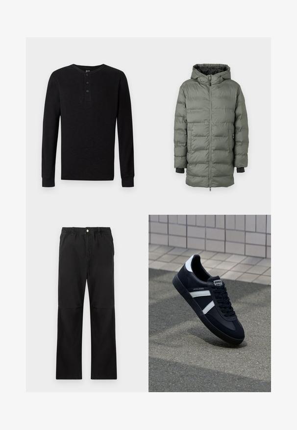 Puffjakke i olivengrøn, med lynlås, hætte og elastiske manchetter. Fremstillet af quiltet, vandafvisende stof med sidelommer.; Sort langærmet henley skjorte med tre-knaps placket ved halsen, blød tekstur og ribbede manchetter, der har en klassisk pasform og minimalistisk design.; Sorte bukser lavet af bomuld med elastisk talje, med et lige ben-design, glat tekstur og uden synlige detaljer eller mønstre.; Sort lædersneaker med hvide striber, tekstureret gummisål og snørrebånd foran. Har et brandet mærke på tungen.