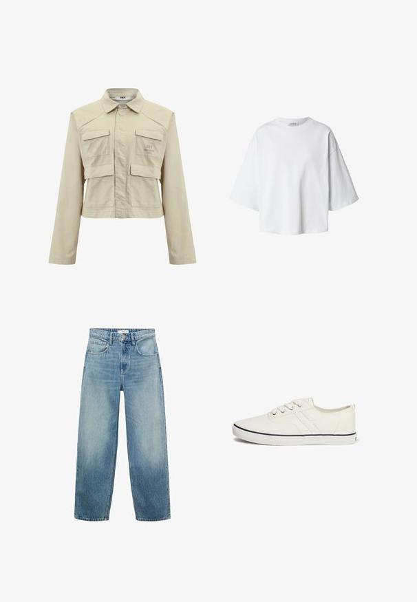 Beige cropped jack met lange mouwen, gemaakt van katoen. Voorzien van twee voorzakken en een subtiele logo print op de linkerkant van de borst. Soepele textuur.; Witte oversized T-shirt met korte mouwen, ronde hals en losse pasvorm, weergegeven op een eenvoudige achtergrond.; Lichtblauwe denim wijde jeans met een hoge taille, vijf zakken en een knoopsluiting. Verbleekte patroon naar de onderkant.; Witte canvas sneakers met een laag profiel, ronde neus, zes oogjes, marineblauwe accentstreep en een gestructureerde rubberen zool.