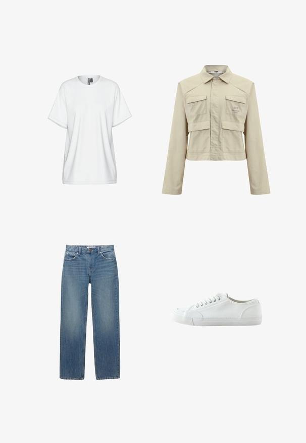 Beige Cropped-Jacke aus Baumwolle mit langen Ärmeln, zwei aufgesetzten Taschen vorne und einem dezenten Logo auf der linken Brust. Glatte Textur.; Weißes Baumwoll-T-Shirt mit Rundhalsausschnitt, kurzen Ärmeln und lockerem Sitz. Verfügt über dezente Steppnähte und ein Etikett am Kragen.; Hellblaue Jeans aus Denim mit geradem Schnitt, fünf Taschen und Beschlägen in Kupferfarbe. Der Stoff hat eine leichte Ausbleichung und eine glatte Textur.; Weißer Canvas-Sneaker mit niedrigem Schaft, Schnürung vorne, Gummisohle und strukturiertem Zehenkappen, gezeigt von der Außenseite vor weißem Hintergrund.