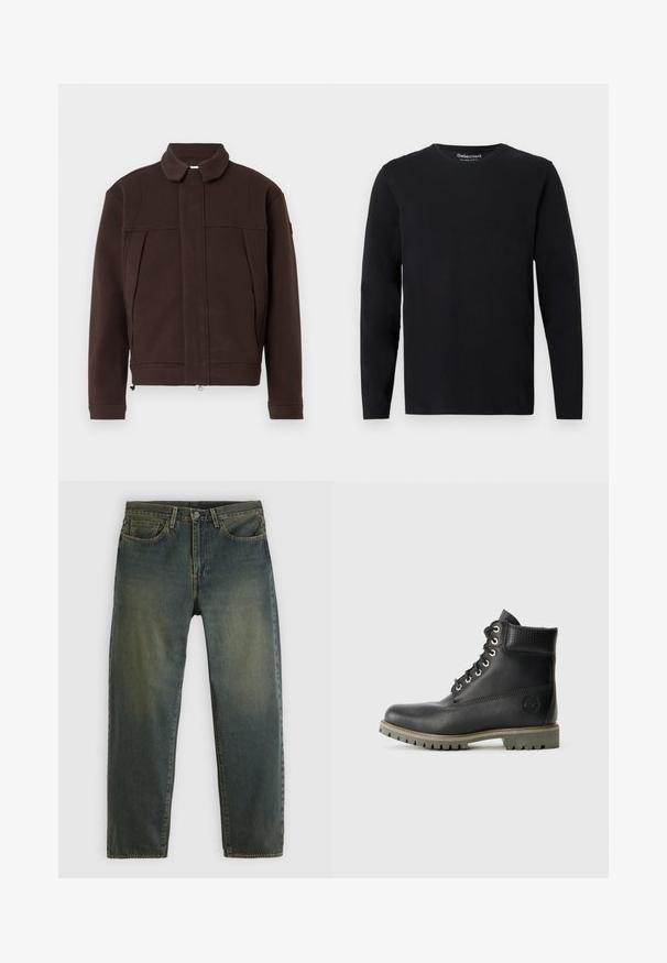 Braune Jacke aus weichem Material mit einem Kragen, vorderem Reißverschluss und zwei seitlichen Taschen. Sie zeichnet sich durch minimale Nähte und ein schlichtes Design aus.; Schwarzes Langarm-T-Shirt aus weichem Stoff. Mit Rundhalsausschnitt und gerader Passform, ohne sichtbare Muster oder Beschläge.; Dunkelgrüne Jeans aus Denim mit Fünf-Taschen-Design, Knopfverschluss und geradem Bein, auf einem schlichten hellen Hintergrund präsentiert.; Schwarze Leder-Stiefelette mit Schnürdesign, gepolstertem Kragen und strukturiertem Einsatz. Verfügt über eine robuste Sohle und ein geprägtes Logo an der Seite.
