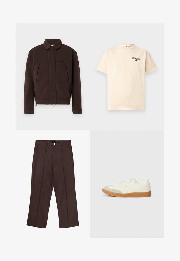 Brun jakke lavet af blødt materiale, med krave, lynlås foran og to sidelommer med minimalistiske sømme og design.; Beige kortærmet T-shirt med rund hals og lille sort "Service Works" tekst og grafik på venstre bryst.; Brune lige ben bukser med frontfolder, lommer i siden, bæltestropper og en mærke knaplukning i taljen.; Sneaker lavet af hvid læder med en beige tåhætte og let brunt gummisål. Har flade hvide snørebånd og prægede branding på siden.