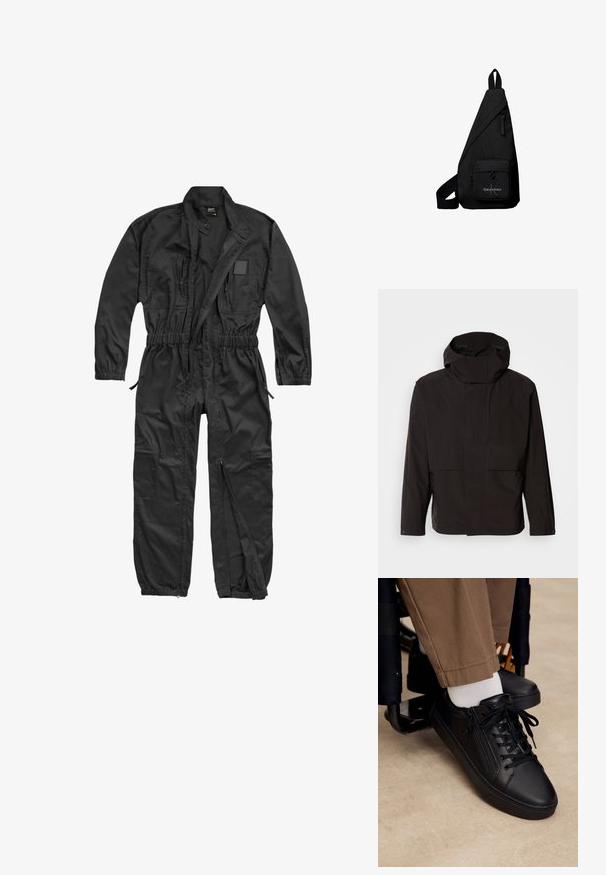 Zwarte capuchonjack met een minimalistisch ontwerp, ritssluiting en twee voorzakken. Gemaakt van glad, lichtgewicht stof.; Brandit BRANDIT HERREN EINSATZKOMBI - Jumpsuit - black; Zwarte leren sneaker met veters en zijrits, gedragen met witte sokken en bruine broek, voet rustend op de voetsteun van een rolstoel.; Zwarte driehoekige crossbodytas met voorvak met rits met Calvin Klein-logo en verstelbare band.