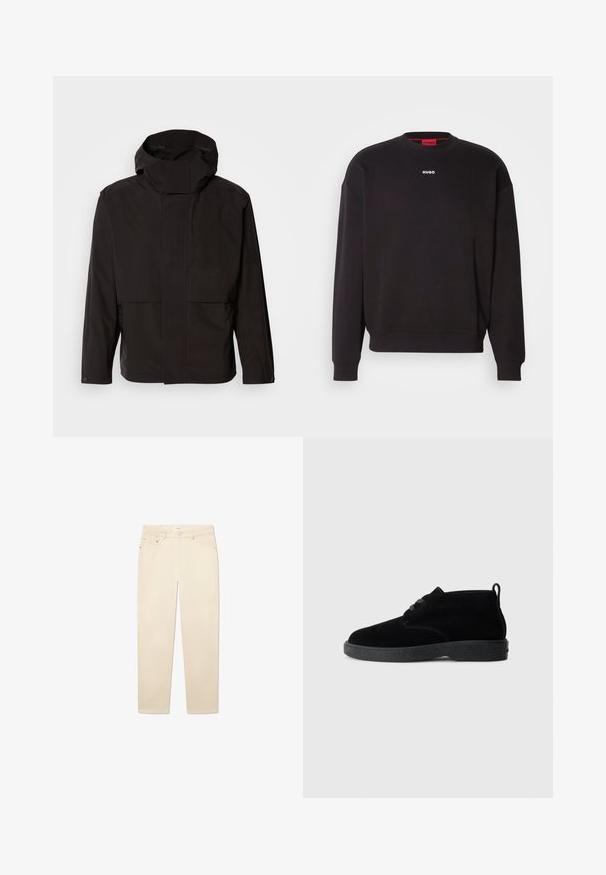 Schwarze Kapuzenjacke mit minimalistischem Design, Reißverschluss und zwei Fronttaschen. Aus glattem, leichtem Stoff gefertigt.; Schwarzes Sweatshirt aus Baumwollmischung mit Rundhalsausschnitt, überschnittenen Schultern und einem kleinen weißen "HUGO"-Logo auf der Brust.; Weiße-beige Jeans aus Denim mit geradem Bein, fünf Taschen, einem Knopf- und Reißverschluss sowie dezenten Nähten.; Schwarze Wildleder-Stiefeletten mit runder Zehenpartie, Schnürdesign, schwarzem Gummisohle und einem Zugband an der Rückseite für einfaches An- und Ausziehen.