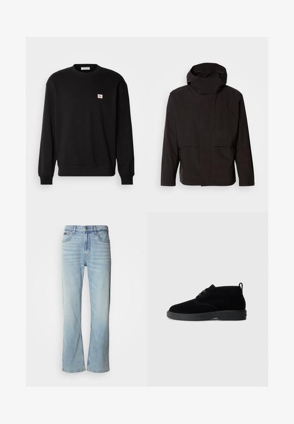 Zwarte capuchonjack met een minimalistisch ontwerp, ritssluiting en twee voorzakken. Gemaakt van glad, lichtgewicht stof.; Zwarte katoenen crewneck sweatshirt met lange mouwen, voorzien van een klein, rechthoekig logo-patch op de borst en geribbelde manchetten.; Lichtblauwe denim jeans met een rechte pijp, voorzien van vijf zakken, een knoopsluiting en subtiele vervaging op de stof.; Zwarte suede enkellaarsjes met een ronde neus, vetersluiting, zwarte rubberen zool en een aantreklip aan de achterkant voor gemakkelijk aan- en uittrekken.