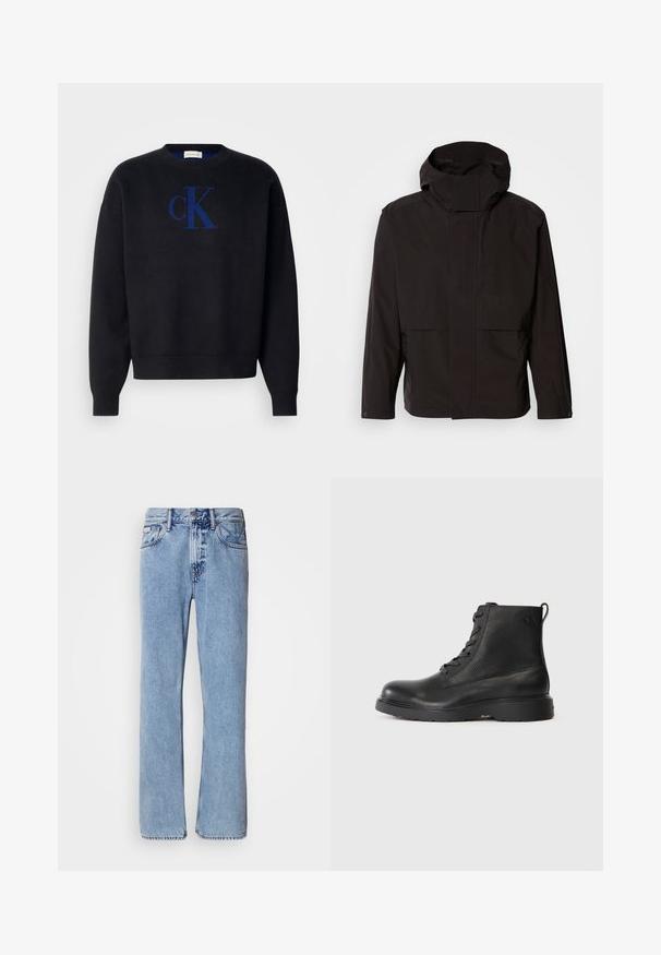 Zwarte capuchonjack met een minimalistisch ontwerp, ritssluiting en twee voorzakken. Gemaakt van glad, lichtgewicht stof.; Zwarte gebreide sweater met een ronde halslijn en geribbelde manchetten, met een blauwe geborduurde "cK"-logo op het midden voor.; Lichtblauwe denim jeans met een recht ontwerp, vijf zakken en een knoopsluiting. Stikdetails nabij de zakken en de tailleband.; Zwarte enkellaars van textuurleer met een ronde neus, vetersluiting en een stevige zwarte rubbere zool. Heeft een lus aan de hiel.