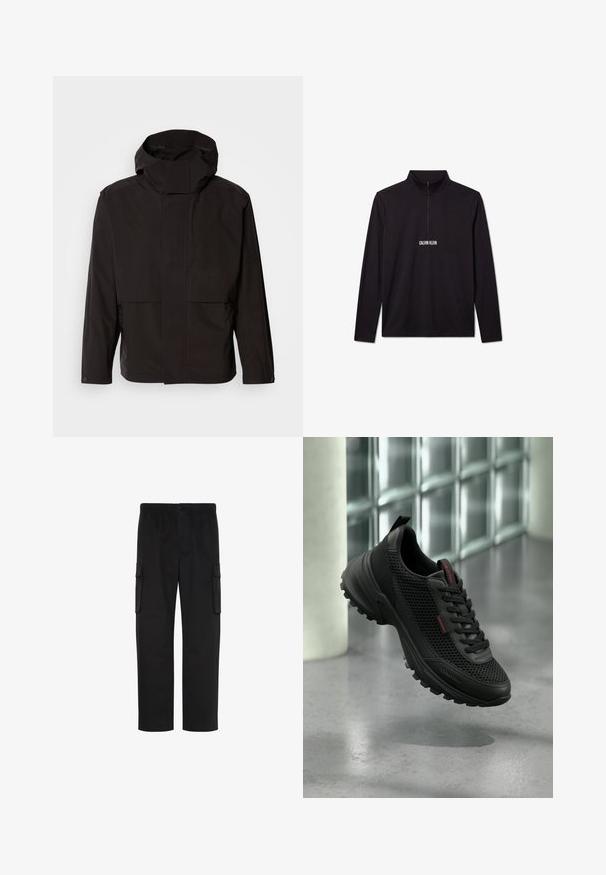 Chaqueta negra con capucha que presenta un diseño minimalista, cierre de cremallera y dos bolsillos frontales. Está hecha de una tela suave y ligera.; Jersey de manga larga negro de Calvin Klein con cremallera de cuarto y logo blanco impreso en el pecho.; Pantalones cargo negros de pierna recta con cintura elástica, cierre de botón y dos bolsillos con solapa en los lados.; Zapatilla negra Calvin Klein con parte superior de malla, cuello acolchado y suela resistente, mostrada flotando sobre un suelo de hormigón.