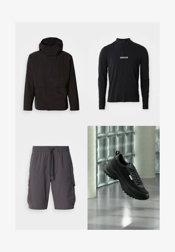 Schwarze Kapuzenjacke mit minimalistischem Design, Reißverschluss und zwei Fronttaschen. Aus glattem, leichtem Stoff gefertigt.; Schwarzes Langarmoberteil mit hohem Kragen, ausgestattet mit einem Viertel-Reißverschluss und weißem "CALVIN KLEIN" Logo auf der Vorderseite. Glatter, elastischer Stoff.; Graue Cargo-Shorts aus leichtem Stoff, mit einem Kordelzugbund, Seitentaschen und einem leicht lockeren Schnitt.; Schwarzer sportlicher Sneaker mit Mesh-Seitenteilen und dicker Sohle, der drinnen in der Nähe von Glasbausteinen und Säulen auf einem glatten Boden schwebt.