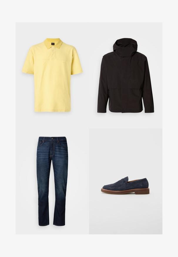 Chaqueta negra con capucha que presenta un diseño minimalista, cierre de cremallera y dos bolsillos frontales. Está hecha de una tela suave y ligera.; Camisa polo amarilla de algodón, con cuello abotonado, mangas cortas y un sutil logo bordado en el pecho.; Vaqueros de pierna recta azul oscuro con líneas horizontales desgastadas en los muslos, cierre frontal con botón y diseño clásico de cinco bolsillos.; Mocasín de ante azul marino con suela marrón y tacón bajo, que presenta un diseño clásico de tira tipo penny.