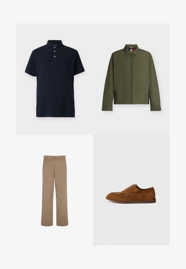 Olijfgroene jas met rits, kraag, twee voorzakken en een klein rechthoekig logo op de linkerborst.; Marineblauwe polo met korte mouwen en een kraag, voorzien van drie witte knopen op de sluiting, weergegeven tegen een effen achtergrond.; Lichte katoenen broek in beige met een rechte pijp, voorzien van een standaard tailleband, een rits aan de voorkant en één achterzak.; Bruine suède schoen met een afgeronde neus, decoratieve stiksels en zes contrasterende veterogen. Platte zool en een minimalistisch ontwerp.