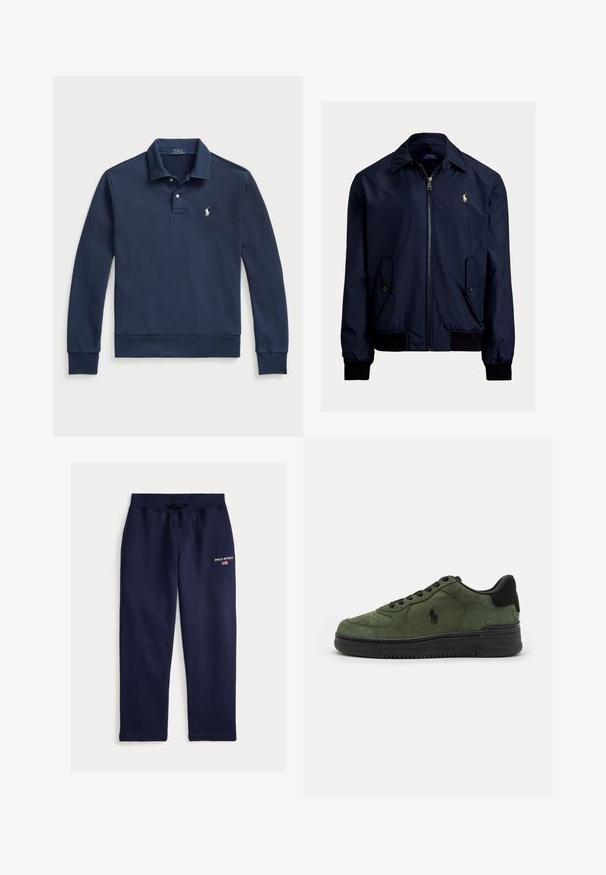Tummansininen pommicakki, joka on valmistettu sileästä kankaasta. Takissa on vetoketjusuljenta, kaksi sivutaskua ja pieni logo vasemmassa rinnassa.; Polo Ralph Lauren LOOPBACK COLLARED SWEATSHIRT - Collegepaita - cruise navy; Laivastonsiniset collegehousut pehmeästä kankaasta, joissa on joustava vyötärönauha ja kiristysnyöri sekä punainen "POLO SPORT" -logo sivussa.; Vihreät mokkanahkasta valmistetut tennarit mustilla yksityiskohdilla, pyöreä kärki, nauhakiinnitys ja teksturoidut kumipohjat. Sivulla on pieni logo.
