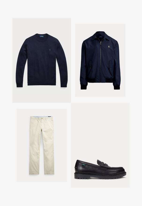 Marineblauwe bomberjack van een gladde stof, met een ritssluiting aan de voorkant, twee zijzakken en een klein logo op de linkerkant van de borst.; Marineblauwe sweater met ronde hals, gemaakt van gebreide stof, met ribgebreide manchetten en zoom, en een klein geborduurd logo op de linkerborst.; Beige katoenen broek met rechte pijpen, riemlussen, voorste knoop, ritssluiting en zijzakken.; Zwarte leren loafer met dikke geprofileerde zool en klein groen "Polo" label aan de buitenkant bij de hiel.