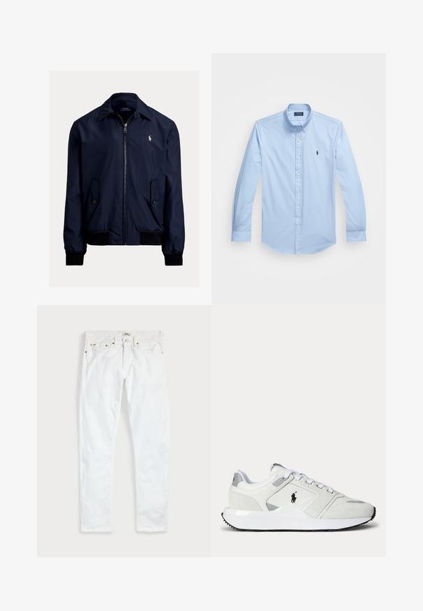 Chaqueta bomber azul marino fabricada con tejido suave, que presenta un cierre de cremallera frontal, dos bolsillos laterales y un pequeño logo en el lado izquierdo del pecho.; Camisa de botones azul claro hecha de algodón, con mangas largas, cuello puntiagudo y logo bordado en el lado izquierdo del pecho. Diseño de frente plano.; Vaqueros blancos de corte ajustado con cinco bolsillos, cierre de botones y trabillas para cinturón, extendidos sobre un fondo liso y claro.; Zapatilla blanca de corte bajo con cierre de cordones, logo negro en el lateral, detalles grises y suela blanca gruesa con dibujo negro.