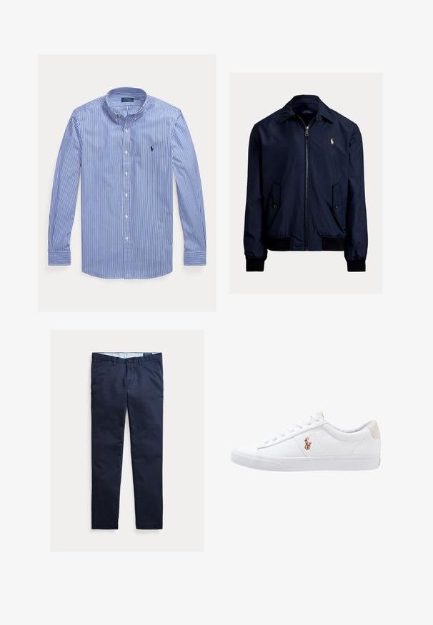 Marineblauwe bomberjack van een gladde stof, met een ritssluiting aan de voorkant, twee zijzakken en een klein logo op de linkerkant van de borst.; Blauw-wit verticale gestreepte blouse met lange mouwen, knopen en een button-down kraag, met Polo Ralph Lauren-logo op de borst.; Marineblauwe slim-fit herenchino's met riemlussen, voorste knoop en zakken, plat weergegeven op een witte achtergrond.; Witte canvas sneakers met een laag ontwerp, featuring een beige hieltab en een klein geborduurd logo aan de zijkant. Rubber zool.