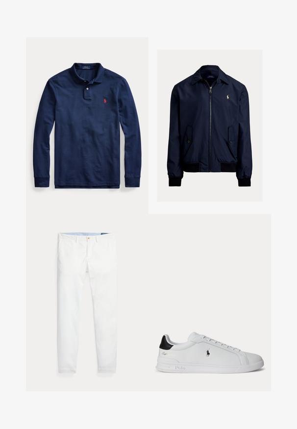 Ναυτικό μπλε bomber jacket από μαλακό ύφασμα, με φερμουάρ μπροστά, δύο πλάγιες τσέπες και ένα μικρό λογότυπο στο αριστερό στήθος.; Μακρυμάνικη μπλούζα πόλο σε ναυτικό μπλε, με γιακά, παντελονάκι με δύο κουμπιά και μικρό κόκκινο κεντημένο λογότυπο στο αριστερό στήθος.; Λευκά βαμβακερά chinos με στενή γραμμή, έχουν ένα μόνο χρυσό κουμπί κλεισίματος και εσωτερική ζώνη μέσης σε ανοιχτό μπλε χρώμα. Ομαλή υφή χωρίς σχέδια.; Λευκό sneaker χαμηλού τύπου με μαύρη φτέρνα, κορδόνια και το λογότυπο Polo Ralph Lauren στο πλάι, με ανάγλυφες λεπτομέρειες στη σόλα.