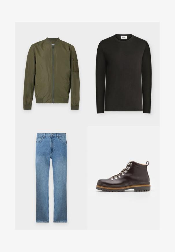 Veste bomber vert olive avec fermeture éclair sur le devant, col, poignets et ourlet côtelés, et une poche zippée sur la manche gauche.; Chemise noire à manches longues avec col rond et une petite étiquette blanche portant la mention Drykorn à l'intérieur du col, présentée sur un fond clair.; Jean en denim bleu clair avec une coupe droite, cinq poches, une fermeture éclair et des coutures contrastantes. Le tissu a une finition lisse et texturée.; Zign by Zalando LEATHER - Bottines à lacets - brown