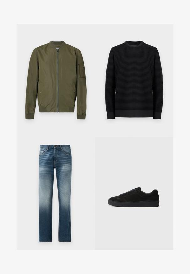 Χακί bomber μπουφάν με φερμουάρ μπροστά, ribbed γιακά, μανσέτες, τελείωμα και τσέπη με φερμουάρ στο αριστερό μανίκι.; Μαύρο πουλόβερ με μακριά μανίκια και στρογγυλή λαιμόκοψη, με οριζόντια ραβδωτή υφή και εφαρμοστά τελειώματα στα μανίκια, απεικονίζεται σε απλό ανοιχτό γκρι φόντο.; Τζιν σε σκούρο μπλε ξεθώριασμα, με ίσια γραμμή. Διαθέτει πέντε τσέπες, κανονική μέση με θηλάκια ζώνης και μεταλλικό κούμπωμα.; Μαύρο σουέτ αθλητικό παπούτσι με επίπεδη, υφασμάτινη σόλα, στρογγυλή μύτη, έξι θηλιές για κορδόνια και μινιμαλιστικό σχεδιασμό.