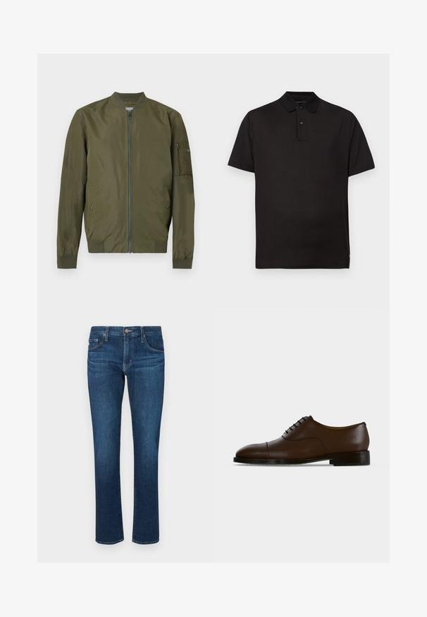 Olivgrüne Bomberjacke mit Frontreißverschluss, geripptem Kragen, Bündchen, Saum und einer Reißverschlusstasche am linken Ärmel.; Schwarzes Poloshirt mit kurzen Ärmeln, Zwei-Knopf-Leiste und klassischem Kragen, dargestellt vor einem schlichten hellgrauen Hintergrund.; Dunkelblaue Jeans aus Denim mit geradem Bein, klassischem Fünf-Taschen-Stil und einem Knopfverschluss am Bund. Glatte Textur.; Dunkelbrauner Lederschuh mit Kappenspitze, geschlossenem Schnürsystem und niedrigem schwarzem Absatz, von der Seite auf neutralem Hintergrund gezeigt.