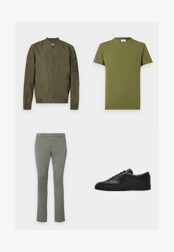 Veste bomber vert olive avec fermeture éclair sur le devant, col, poignets et ourlet côtelés, et une poche zippée sur la manche gauche.; T-shirt manches courtes de couleur vert olive, fabriqué en tissu doux et lisse. Col rond classique, lignes épurées, sans motifs ni accents visibles.; Chinos gris avec une coupe droite, dotés de deux poches latérales et d'une taille épurée. Fabriqués à partir d'un tissu lisse et léger.; Baskets basses en cuir noir avec lacets sur le devant et semelle en caoutchouc plate, vues de côté sur un fond blanc uni.