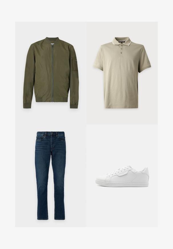 Veste bomber vert olive avec fermeture éclair sur le devant, col, poignets et ourlet côtelés, et une poche zippée sur la manche gauche.; Polo marron clair à manches courtes avec trois boutons et un col orné d’un liseré blanc sur fond uni.; Jean en denim bleu foncé, coupe droite, cinq poches, passants de ceinture et détails de décoloration subtils. Coutures cousues et fermeture à boutons.; Baskets en cuir blanc avec un bout arrondi, six œillets, lacets plats et un design minimaliste. Présente un petit logo sur le côté.