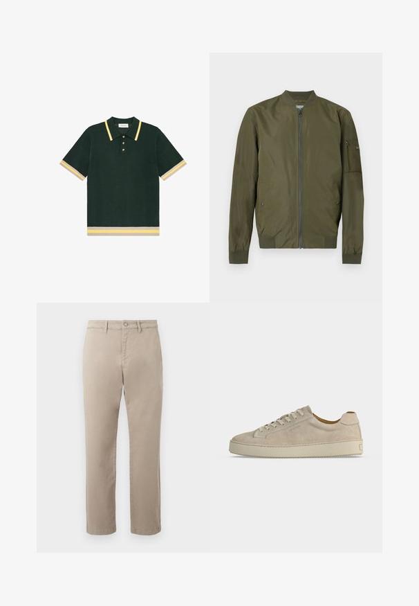 Veste bomber vert olive avec fermeture éclair sur le devant, col, poignets et ourlet côtelés, et une poche zippée sur la manche gauche.; Polo en maille vert foncé à manches courtes avec des rayures jaunes et beiges sur le col, les poignets et l'ourlet, avec trois boutons à la patte de boutonnage.; Pantalon beige à jambes droites avec fermeture à bouton et zip, passants pour ceinture et poches avant.; Baskets basses beiges en daim avec fermeture lacée et semelle épaisse en caoutchouc, vues de profil sur fond blanc uni.
