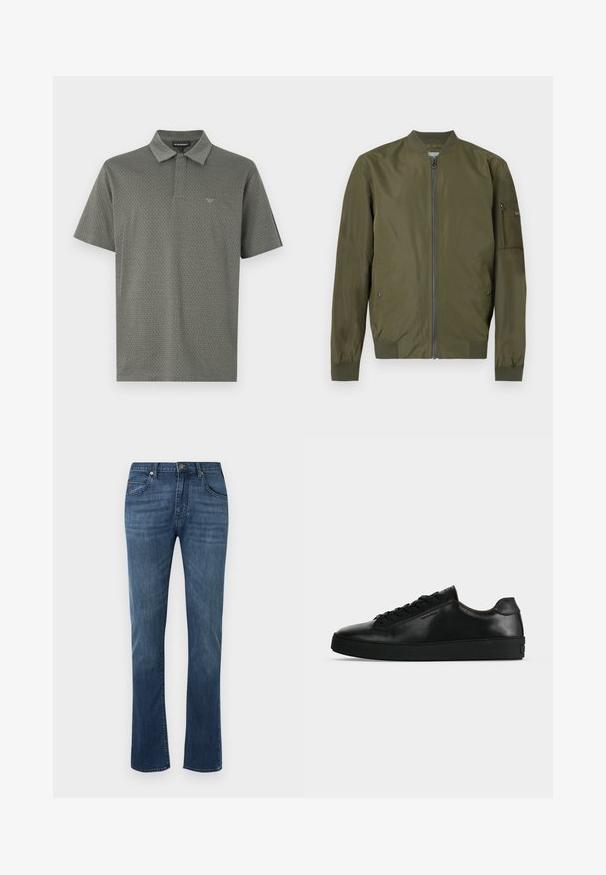 Veste bomber vert olive avec fermeture éclair sur le devant, col, poignets et ourlet côtelés, et une poche zippée sur la manche gauche.; Polo à manches courtes de couleur vert foncé avec un motif géométrique texturé, col classique et logo discret brodé sur la poitrine.; Jean droit en denim bleu avec passants pour ceinture, bouton à l'avant, braguette zippée et conception classique à cinq poches.; Basket basse en cuir noir avec lacets noirs et semelle épaisse noire, vue de profil sur fond gris clair.