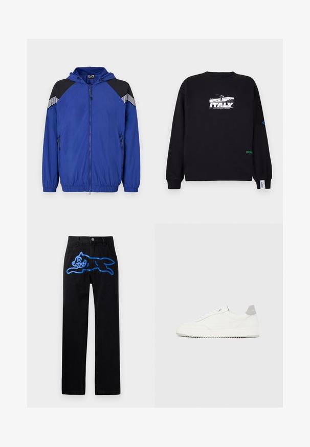 Blauwe lichtgewicht jas met capuchon, voorzien van zwarte schouderaccenten en gestreepte details. Rits aan de voorkant en elastische manchetten. Soepele textuur.; Iceberg Sweater - nero; Zwarte denim broek met een relaxte pasvorm, met een levendige blauwe graphic van een springende kat aan de voorkant. Klassiek vijf-pocket ontwerp.; Witte lage sneaker met grijze hielpatch, witte veters en een gestructureerde zool, gepresenteerd op een effen lichte achtergrond.