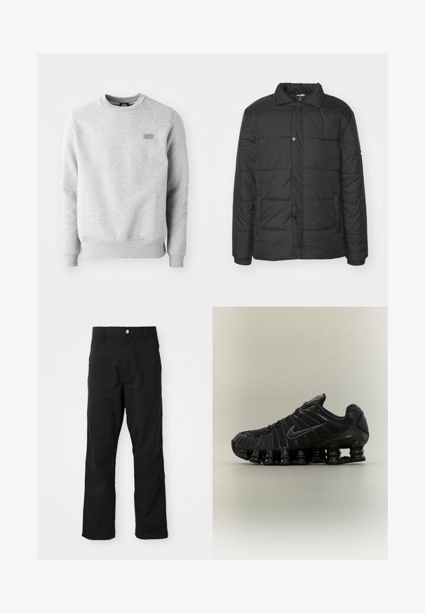 Veste d'hiver noire en forme de doudoune avec fermeture à boutons, design matelassé, poches latérales et col classique. Fabriquée en matériau léger et résistant à l'eau.; Sweatshirt gris avec un col rond, des poignets et un ourlet côtelés, fabriqué en coton doux. Présente un petit logo sur la poitrine gauche.; Pantalons noirs à jambes droites avec fermeture à bouton et à zip, passants de ceinture et poches latérales, présentés sur fond blanc.; Chaussure de course noire Nike avec semelle segmentée semblable à un ressort, dessus en mesh et logo Swoosh noir assorti sur le côté.