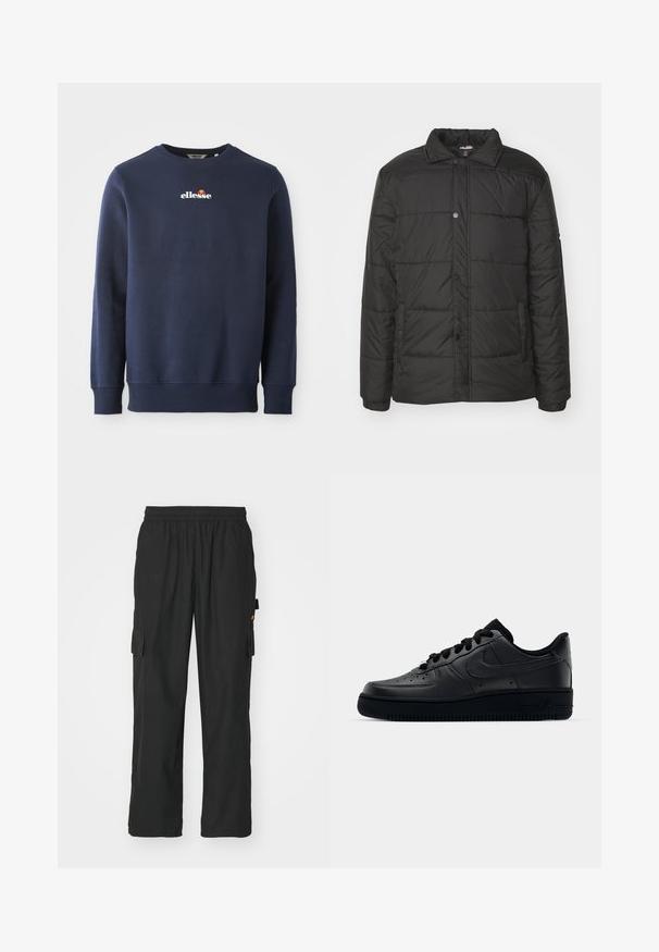 Schwarze Daunenjacke mit Knopfverschluss, gestepptem Design, seitlichen Taschen und klassischem Kragen. Hergestellt aus leichtem, wasserabweisendem Material.; Dunkelblaues Sweatshirt aus einem weichen Material, mit Rundhalsausschnitt und gerippten Bündchen. Gesticktes "ellesse"-Logo mit farbigen Akzenten.; Schwarze Cargo-Hosen aus leichtem Stoff, mit zwei seitlichen Taschen, einem elastischen Taillenbund und einer lockeren Passform.; Schwarzer Nike Air Force 1 Schuh mit einem glatten Lederoberteil, perforierter Zehenpartie für Atmungsaktivität, schwarzen Schnürsenkeln und einer strukturierten Gummisohle.