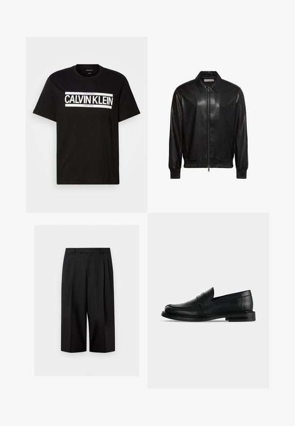 Zwarte jas van nep leer met rits, puntkraag, geribde boorden en zoom, frontaal getoond op een witte achtergrond.; Zwarte T-shirt met korte mouwen en een witte "CALVIN KLEIN NEW YORK" logo gecentreerd op de borst, ronde halslijn, en een medium maatlabel binnenin de kraag.; Zwarte, wijde cropped broek met riemlussen en voorplooien, getoond tegen een effen lichte achtergrond.; Zwarte leren heren penny loafer met lage gestapelde hak en afgeronde neus, zijaanzicht op lichte grijze achtergrond.