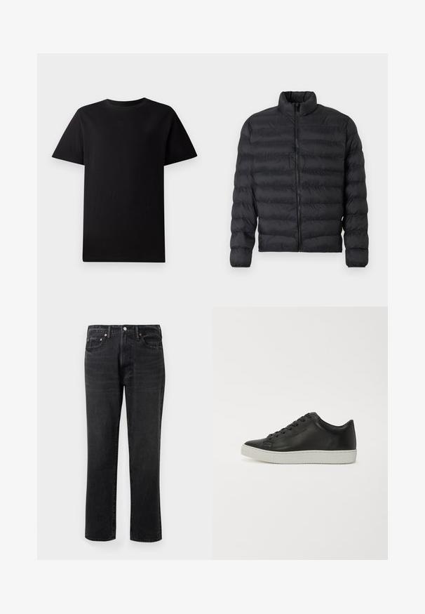 Doudoune noire avec col montant, fermeture éclair à l'avant et sections matelassées. Présente une texture lisse et brillante ainsi qu'une silhouette ajustée.; T-shirt en coton noir uni à manches courtes et col ras du cou, posé à plat sur un fond blanc.; Jean en denim noir avec une coupe droite, doté d'une fermeture à bouton et à glissière, de cinq poches et d'accents en métal cuivré.; Baskets en cuir noir avec un bout rond, semelle plate en caoutchouc blanc et lacets à six œillets. Texture lisse, style minimaliste.