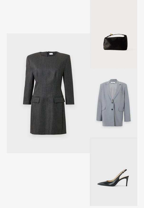 Lichtgrijze enkelknopenblazer met notch-revers, twee zwarte knopen, twee klepzakken en één borstpaspelzak, weergegeven op een witte achtergrond.; Op maat gemaakte donkergrijze jurk met een gestructureerde silhouet, driekwart mouwen, twee voorzakken en een ritssluiting aan de achterkant. Subtiele streepjestextuur.; Zwarte leren slingback-hakken met een spitse neus, verstelbare band en een elegante stiletto-hak, met een gladde afwerking.; Zwarte satijnen pouch tas met een ronde vorm, een handvat bovenop en een gouden sluiting. Soepele textuur met een minimalistisch ontwerp.