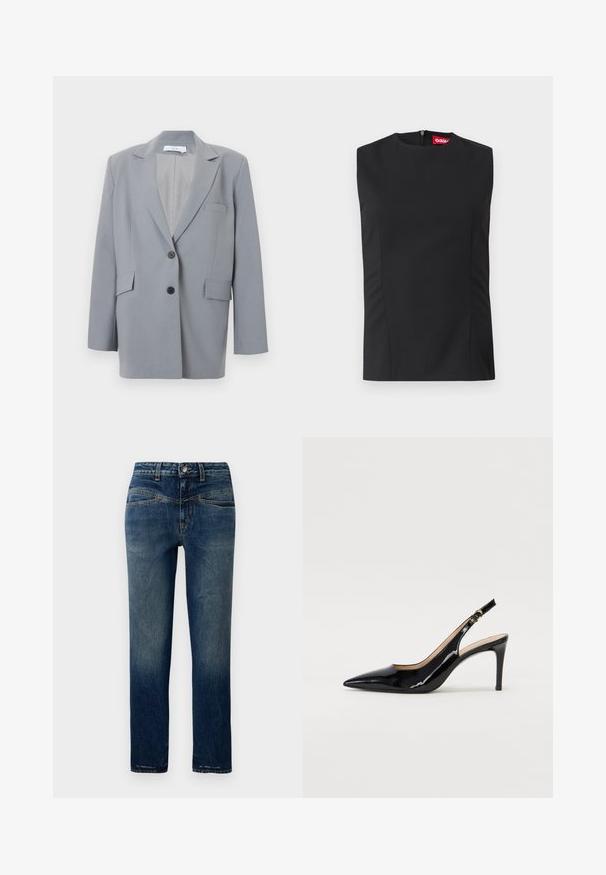 Blazer gris clair à simple boutonnage avec revers à encoche, deux boutons noirs, deux poches à rabat et une poche poitrine à passepoil, présenté sur fond blanc.; Top noir sans manches avec un col haut, des pinces sur le devant et une fermeture éclair invisible au dos. Fabriqué en tissu lisse avec une coupe structurée.; Jean en denim bleu foncé à coupe droite, présentant un léger délavage, des surpiqûres orange et une fermeture par bouton à la taille.; Pompe slingback en cuir verni noir avec un bout pointu, un talon fin et un design de découpes subtil. Elle dispose d'une boucle dorée sur la sangle.