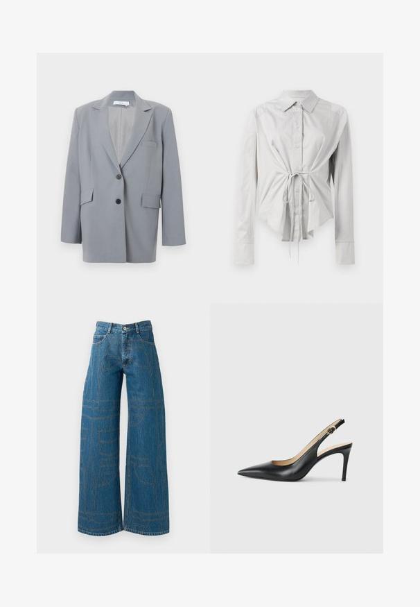Lichtgrijze enkelknopenblazer met notch-revers, twee zwarte knopen, twee klepzakken en één borstpaspelzak, weergegeven op een witte achtergrond.; Lichtgrijze blouse met lange mouwen, een aansluitende taille, knopen aan de voorkant en een strikdetail in de taille. Gemaakt van een soepele stof met een klassieke kraag.; Wijde pijpen jeans in middelblauwe denim met contrasterende stiksels en meerdere zakontwerpen. Hoge taille met knoopsluiting.; Zwarte leren slingback-hakken met een spitse neus, verstelbare band en een elegante stiletto-hak, met een gladde afwerking.