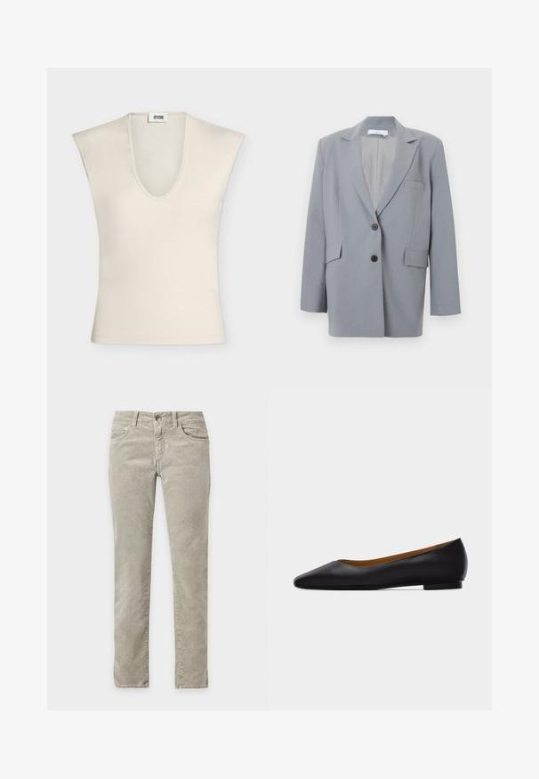 Blazer gris clair à simple boutonnage avec revers à encoche, deux boutons noirs, deux poches à rabat et une poche poitrine à passepoil, présenté sur fond blanc.; Haut beige sans manches avec un profond col en V et des épaules structurées, en tissu lisse, présenté sur un fond uni.; Pantalon slim gris clair avec cinq poches, passants pour ceinture et fermeture par bouton, présenté sur fond blanc.; Chaussure plate en cuir noir à bout pointu avec talon bas et finition lisse, vue de côté sur un fond gris clair.
