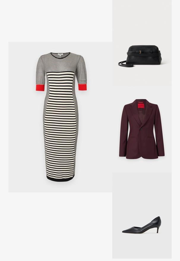 Blazer bordeaux avec un revers cranté, une fermeture à un bouton, deux poches avant, et un tissu subtilement texturé. Intérieur avec une étiquette rouge.; Robe midi à rayures horizontales noires et blanches avec manches courtes et poignets rouges, silhouette ajustée, et encolure ronde.; Escarpin en cuir noir avec un bout pointu et un talon bas. Présente une texture lisse et un éclat subtil. Découpe ouverte à l'avant pour un détail supplémentaire.; Sac à main en cuir noir souple avec une fine bandoulière réglable et une petite boucle dorée, sur fond blanc.