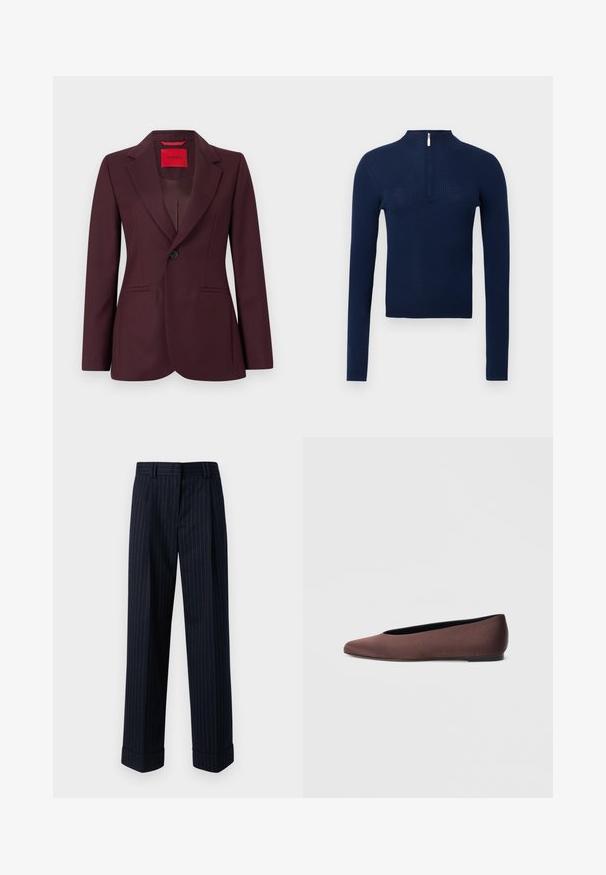 Vinrød blazer med skrået revers, enkelt knaplukning, to forlommer og subtilt tekstureret stof. Indvendigt med rødt mærke.; Mørkeblå ribstrikket sweater med høj krave og halv lynlås foran. Lange ærmer, tekstureret stof og tætsiddende design.; Marineblå bredbenede bukser med et stribet mønster i guld, fremstillet af et glat stof, med opsmøgede ben og frontlommer.; Brune balletflade sko i stof med spids tå og glat tekstur, med lav hælkappe og tynd sort sål. Ingen synlige mønstre eller beslag.