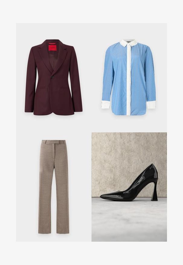 Blazer bordeaux avec un revers cranté, une fermeture à un bouton, deux poches avant, et un tissu subtilement texturé. Intérieur avec une étiquette rouge.; Chemise bleue à manches longues avec des rayures verticales blanches, un col blanc, une patte de boutonnage avant blanche et des poignets blancs avec boutons.; Pantalons à motif pied-de-poule marron et noir avec une coupe droite, dotés d'une taille élastique et de poches latérales.; Escarpin en cuir verni noir avec un bout pointu et un talon aiguille courbé et anguleux, suspendu au-dessus d'un sol lisse et de couleur claire.